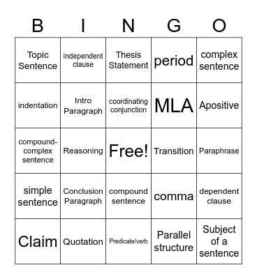 English Bingo Card