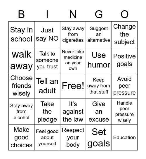 DRUG PREVENTION Bingo Card