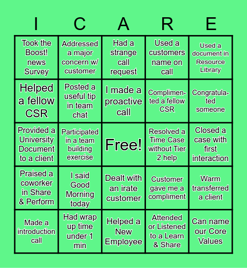 Customer Service Bingo Card