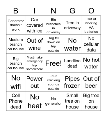 Ice Storm Bingo Card