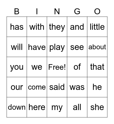 Kindergarten Sight Words Bingo Card