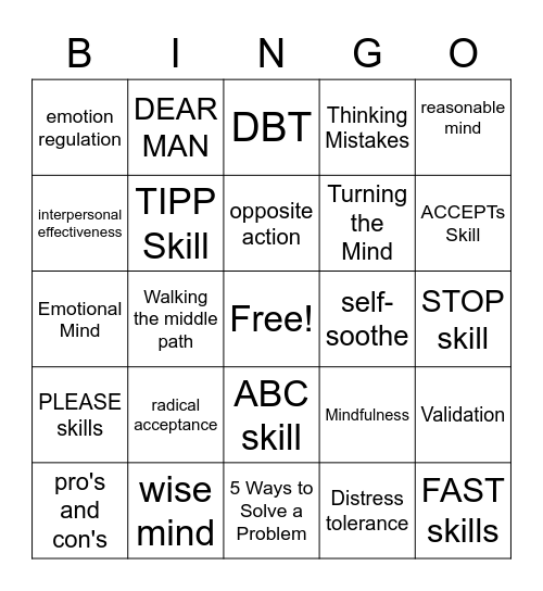 DBT Bingo Card