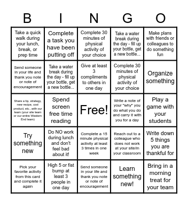 GST BOCES Wellness BINGO Card