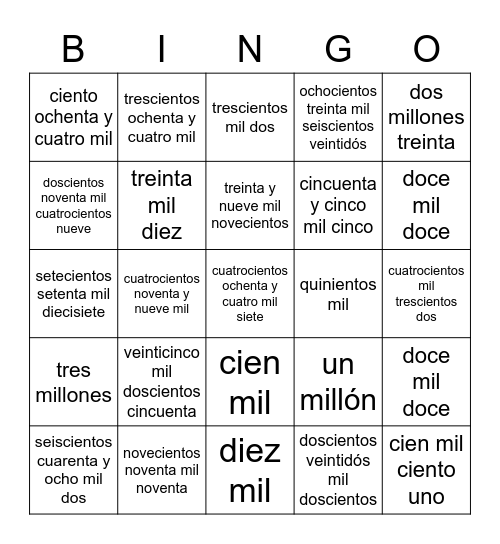 Numeración Bingo Card