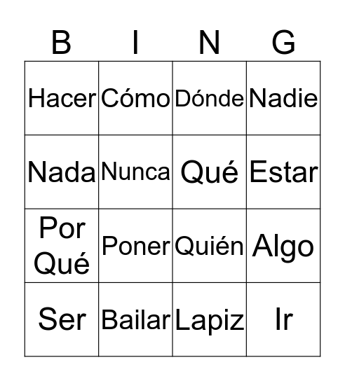 Spanish Bingo Card