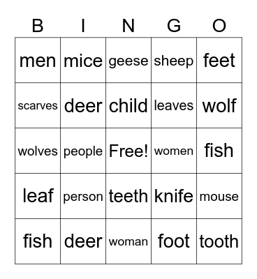 Irregular English Plurals Bingo Card