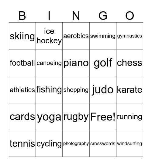 Hobbies and interests Bingo Card