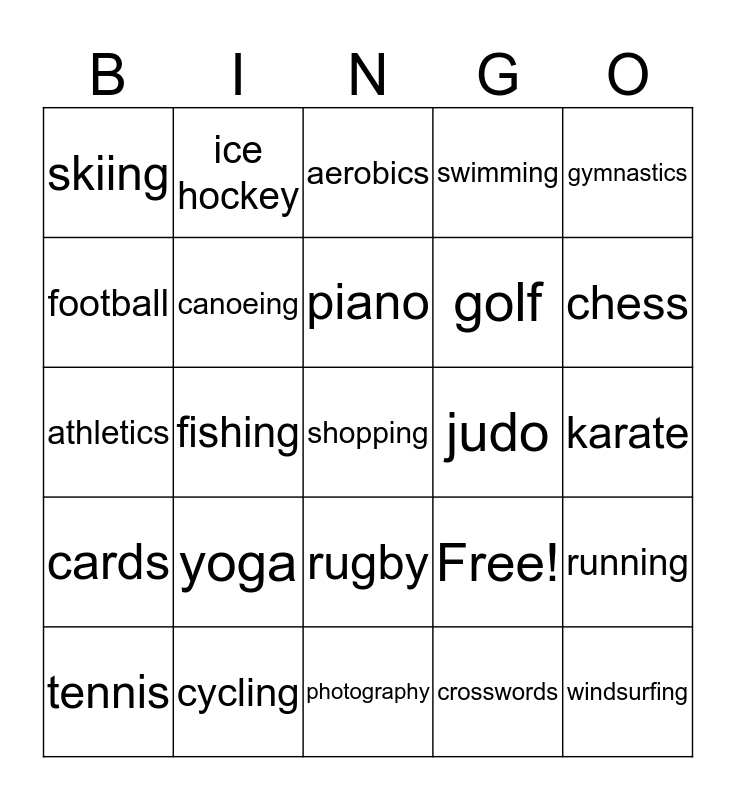 Hobbies and interests Bingo Card