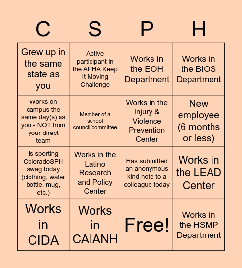 Get to know your ColoradoSPH Colleagues Bingo Card