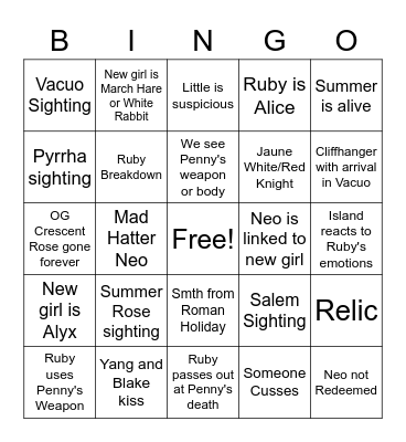 RWBY VOLUME 9 Bingo Card