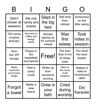 Winter Retreat Bingo Card