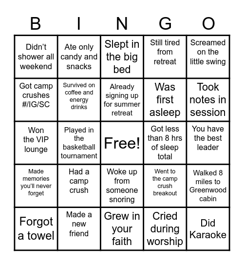 Winter Retreat Bingo Card