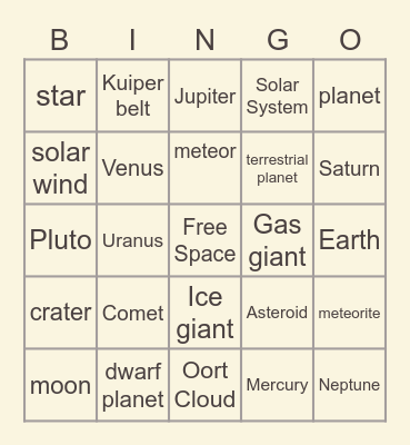 Solar System Vocabulary Bingo Card