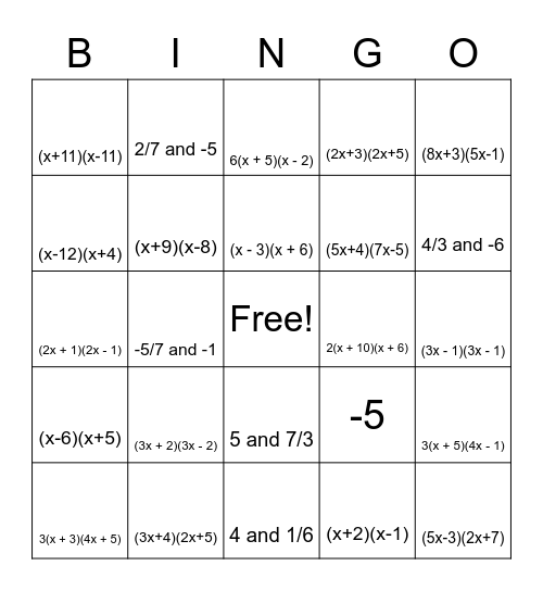 Mod 8 Factoring Review Bingo Card