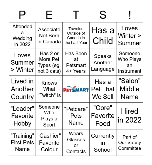 PETSMART Bingo Card