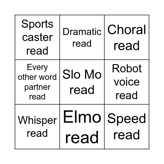 Read aloud Syllables Practice Bingo Card