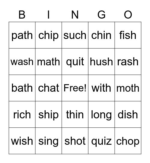 Digraph Bingo Card