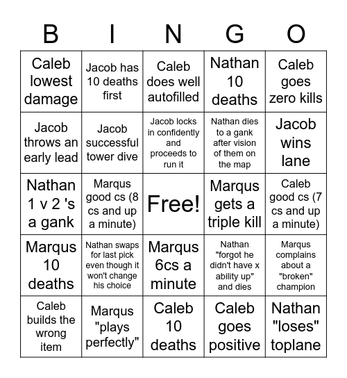 League o' Legend Bingo Card