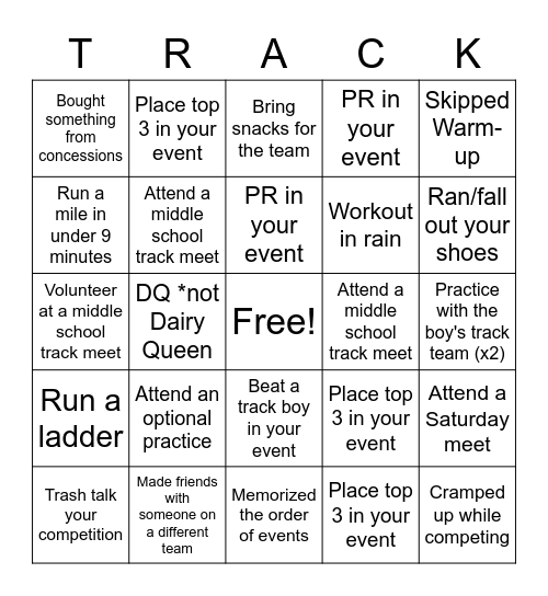 Track Season BINGO Card