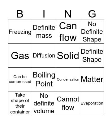 States of Matter Bingo Card