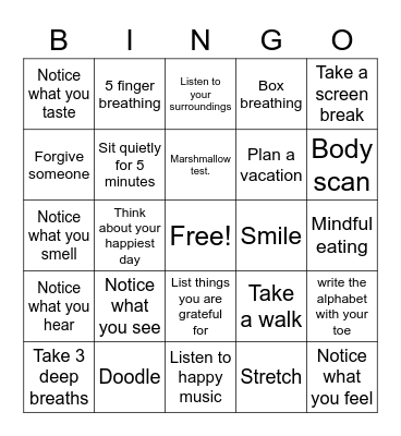 Mindfulness Bingo Card