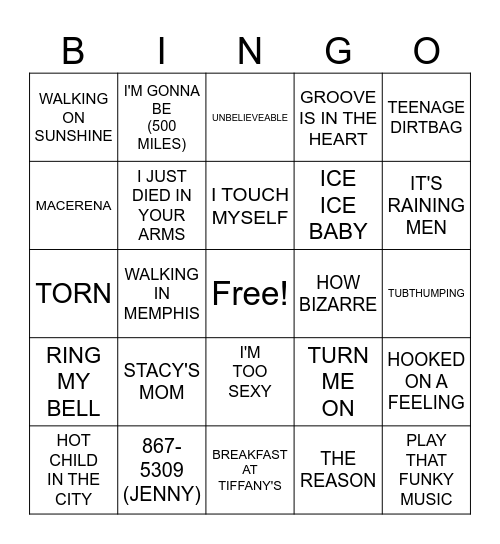 1/15- ONE HIT WONDERS Bingo Card