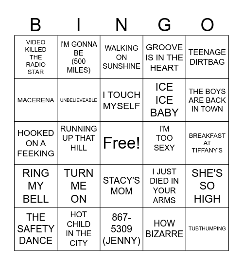 ONE HIT WONDERS Bingo Card