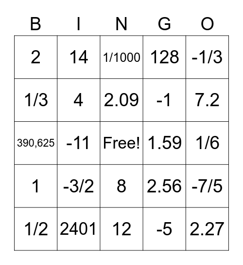 Basic Log Equations Bingo Card