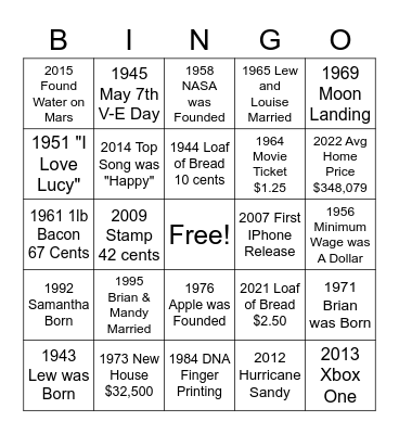 Lew is now 80! Bingo Card