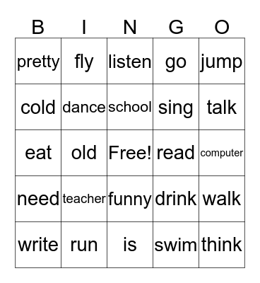 Verbs Bingo Card