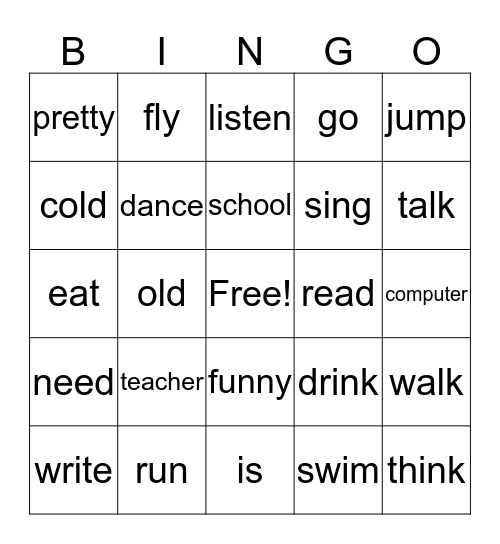 Verbs Bingo Card