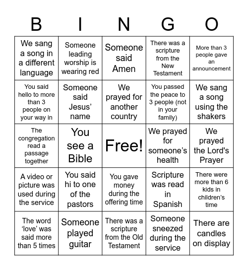 Worship Bingo Card