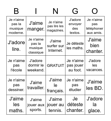 Qu'est-ce que tu aimes faire?Cherche ton âme soeur Bingo Card