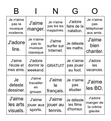 Qu'est-ce que tu aimes faire?Cherche ton âme soeur Bingo Card