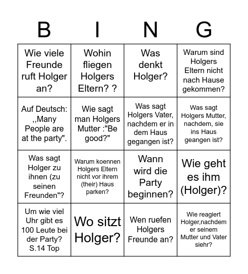 Die Party - Geschichte 1 Deutsch1 Bingo Card