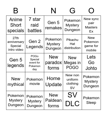 Pokemon Presents 2.27.2023 Bingo Card