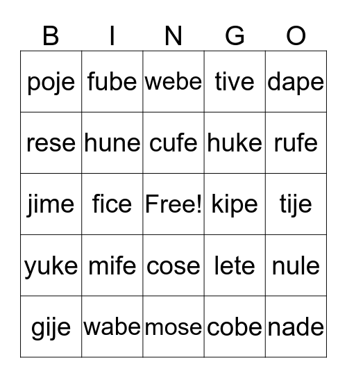 CVCe Nonsense Word Bingo Card