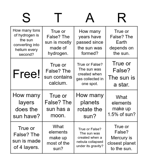 Astronomy Bingo Card