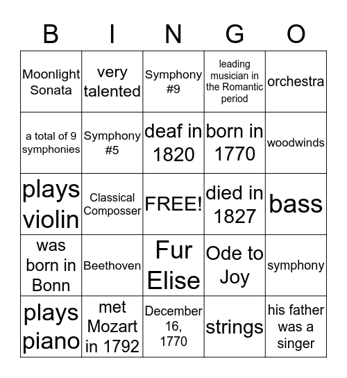 Beethoven Bingo Card