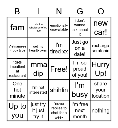 Never Gonna Have Interest Bingo Card