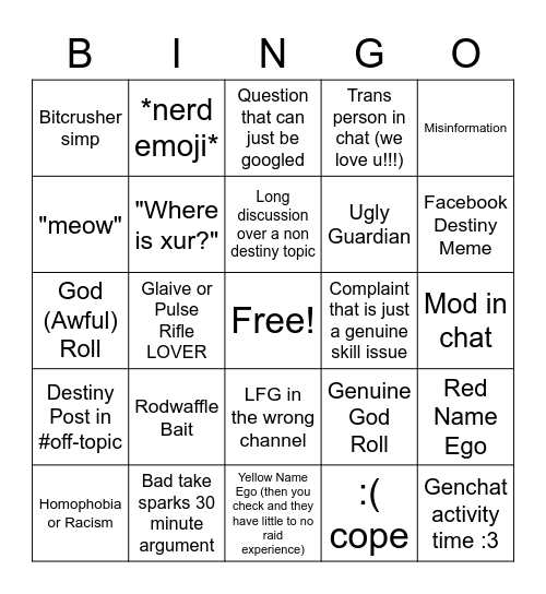 Genchat Bingo Card