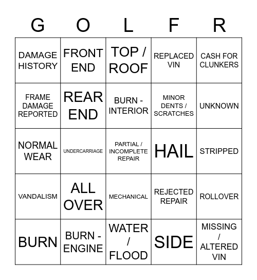 Собери свое Golf R бинго! Bingo Card