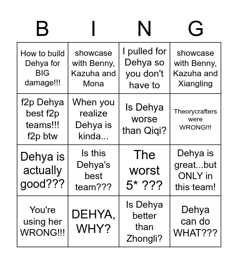 Dehya Day1 Clickbait Videos Bingo Card