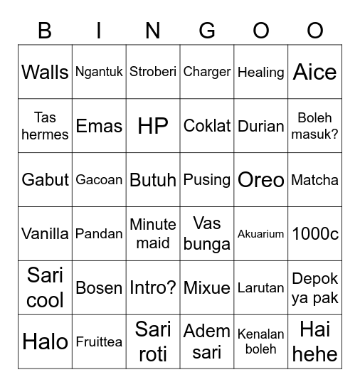 Yanto Bingo Card