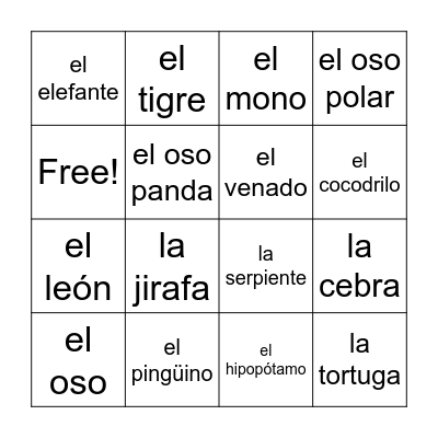 los animales del zoológico Bingo Card