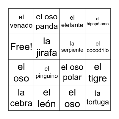 los animales del zoológico Bingo Card