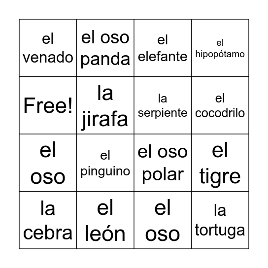 los animales del zoológico Bingo Card