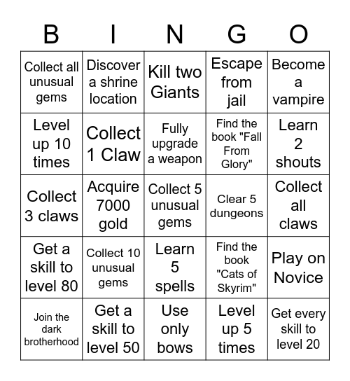 Skyrim Bingo Card