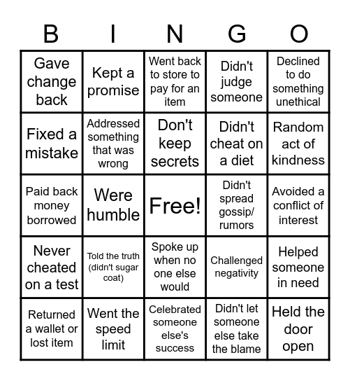 INTEGRITY BINGO Card