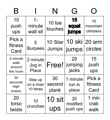 PE IN CLASS BINGO Card